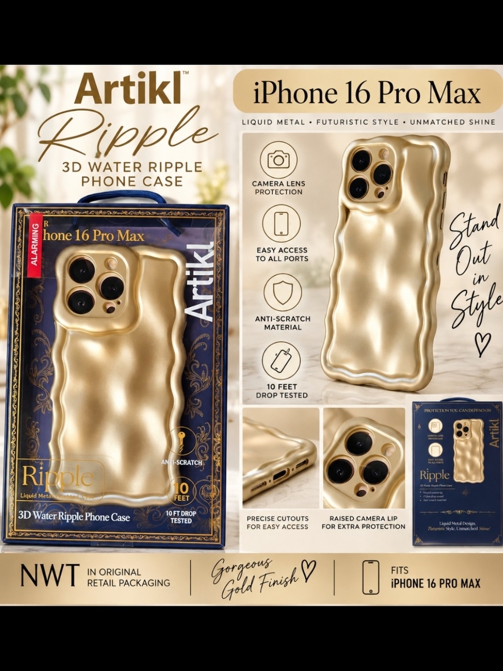 Ripple 3D Water Ripple Phone Case for iPhone 16 Pro Max - Gold